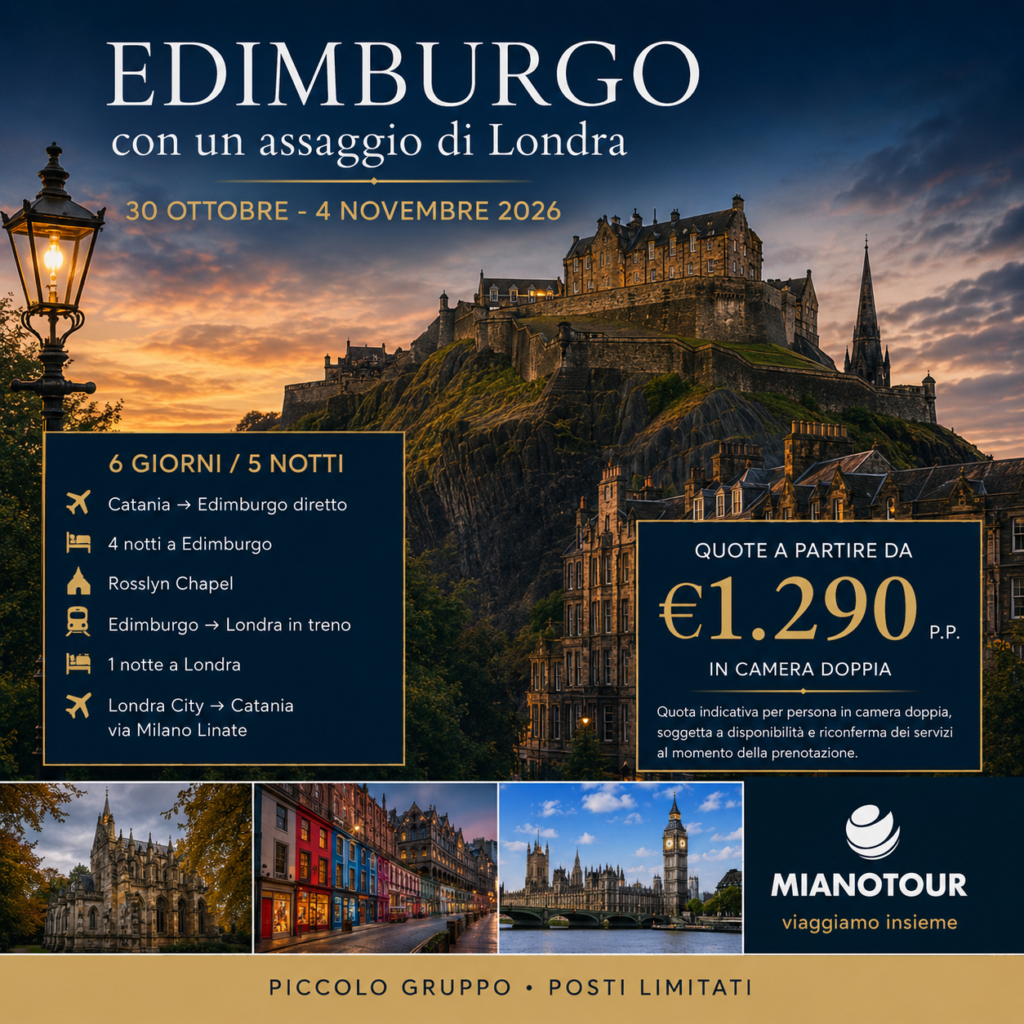Quattro notti a Edimburgo tra Old Town e Rosslyn Chapel, poi un assaggio di Londra prima del rientro. Piccolo gruppo, posti limitati. A partire da €1.290 p.p.